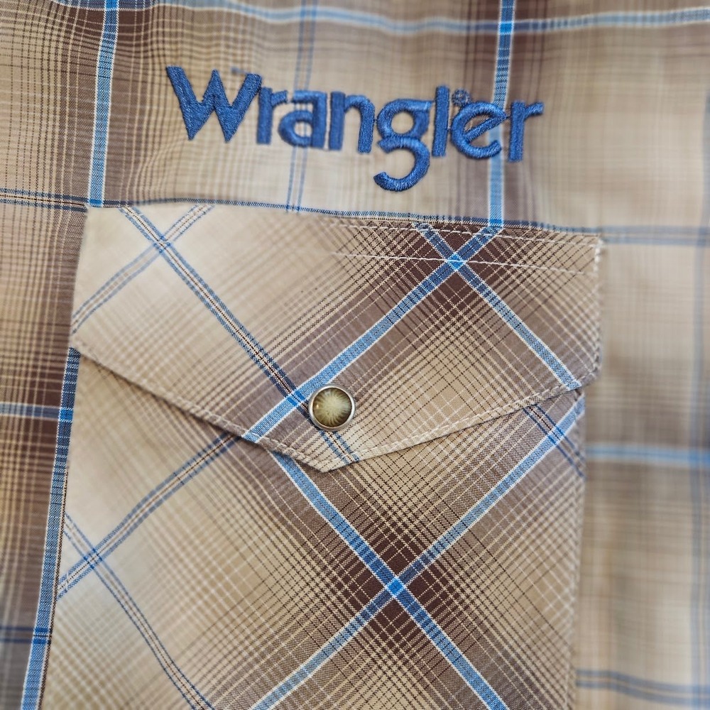 Wrangler Mens Plaid Western Pearl Snap Shirt Embroidered Rodeo Tan Blue L - Picture 9 of 16